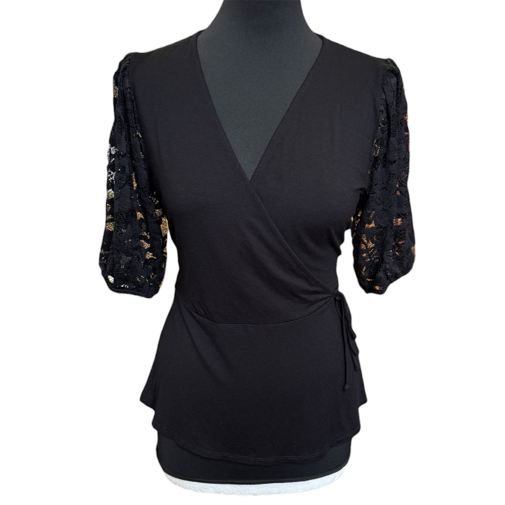 Lipsy black short lace sleeve wrap style top