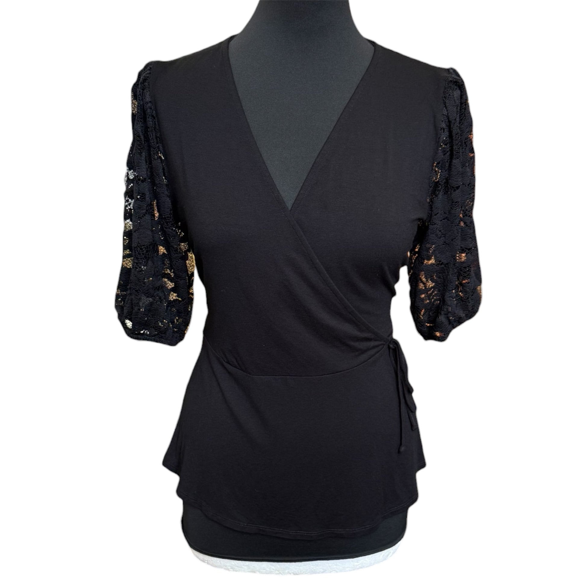 Lipsy black short lace sleeve wrap style top