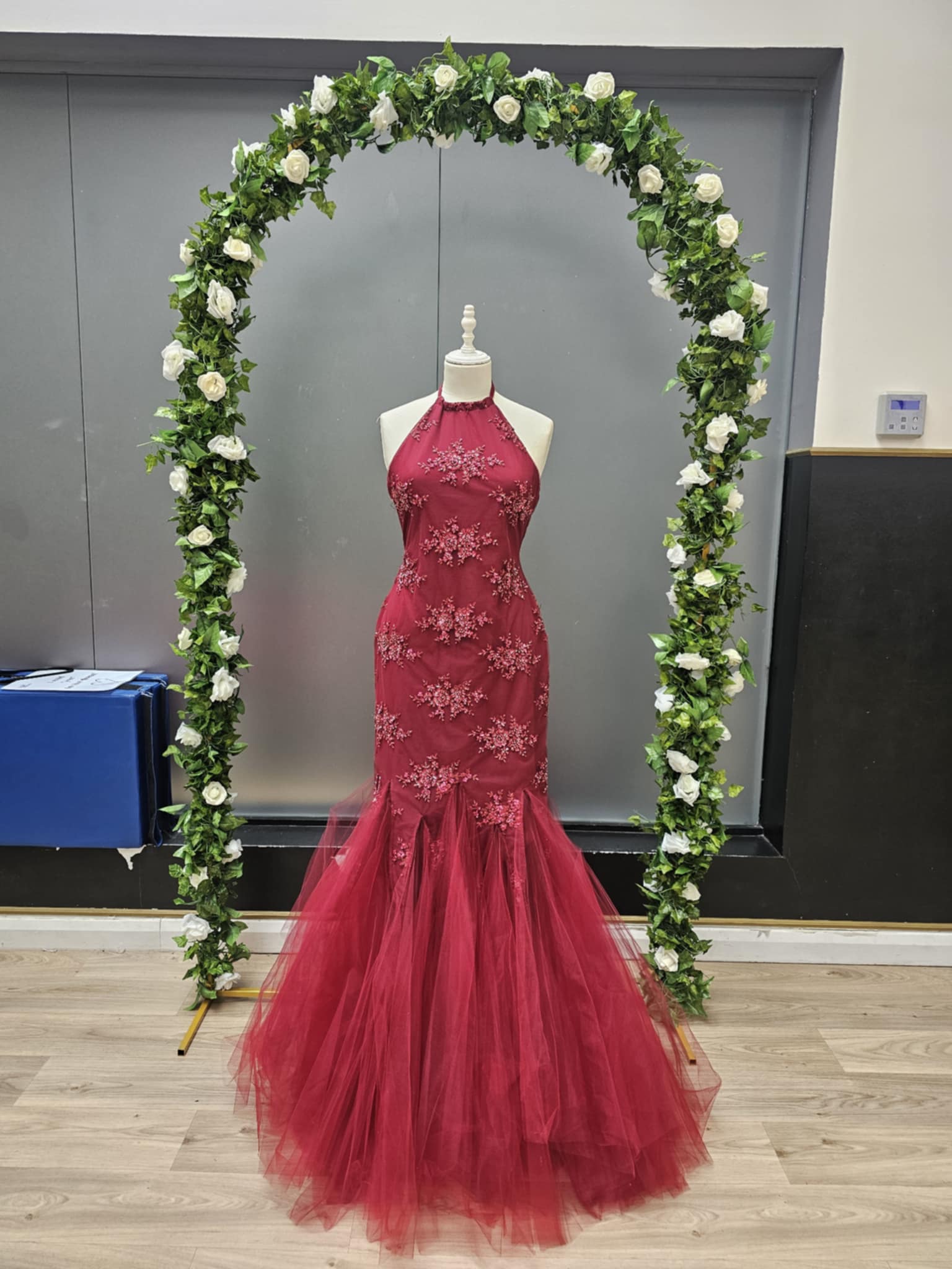 Burgundy halter neck tulle bottom fishtail dress