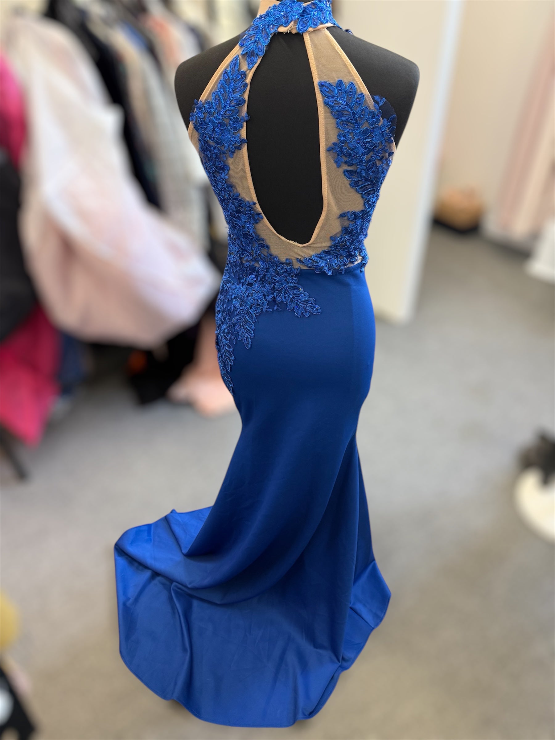 Blue custom made lace high neck fishtail dress - Size 8