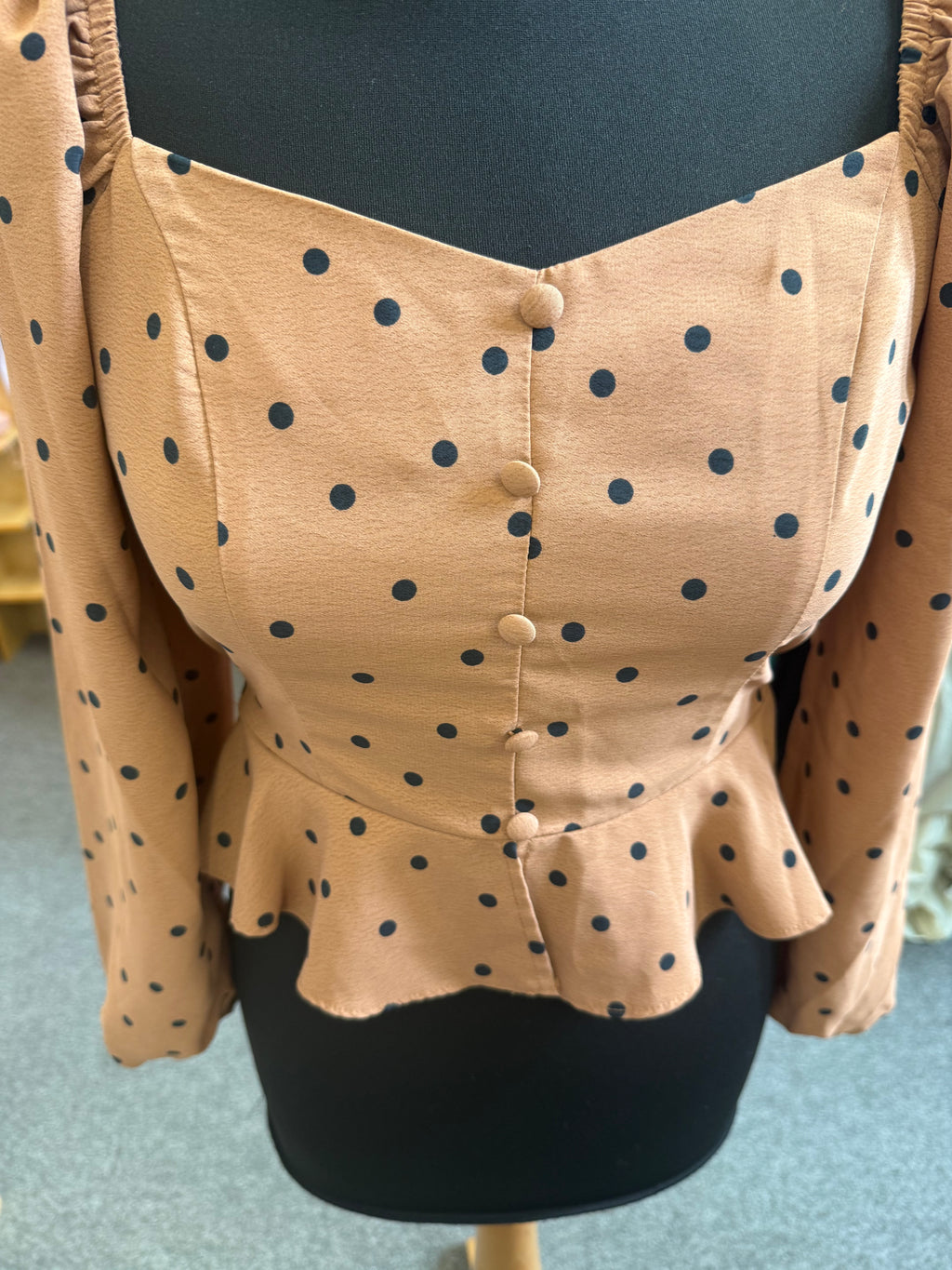 Primark polka dot button long sleeved peplum blouse