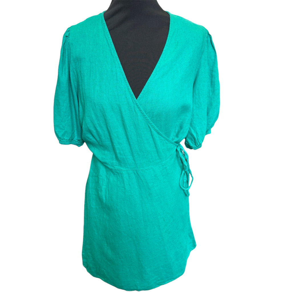 George green linen wrap mini dress