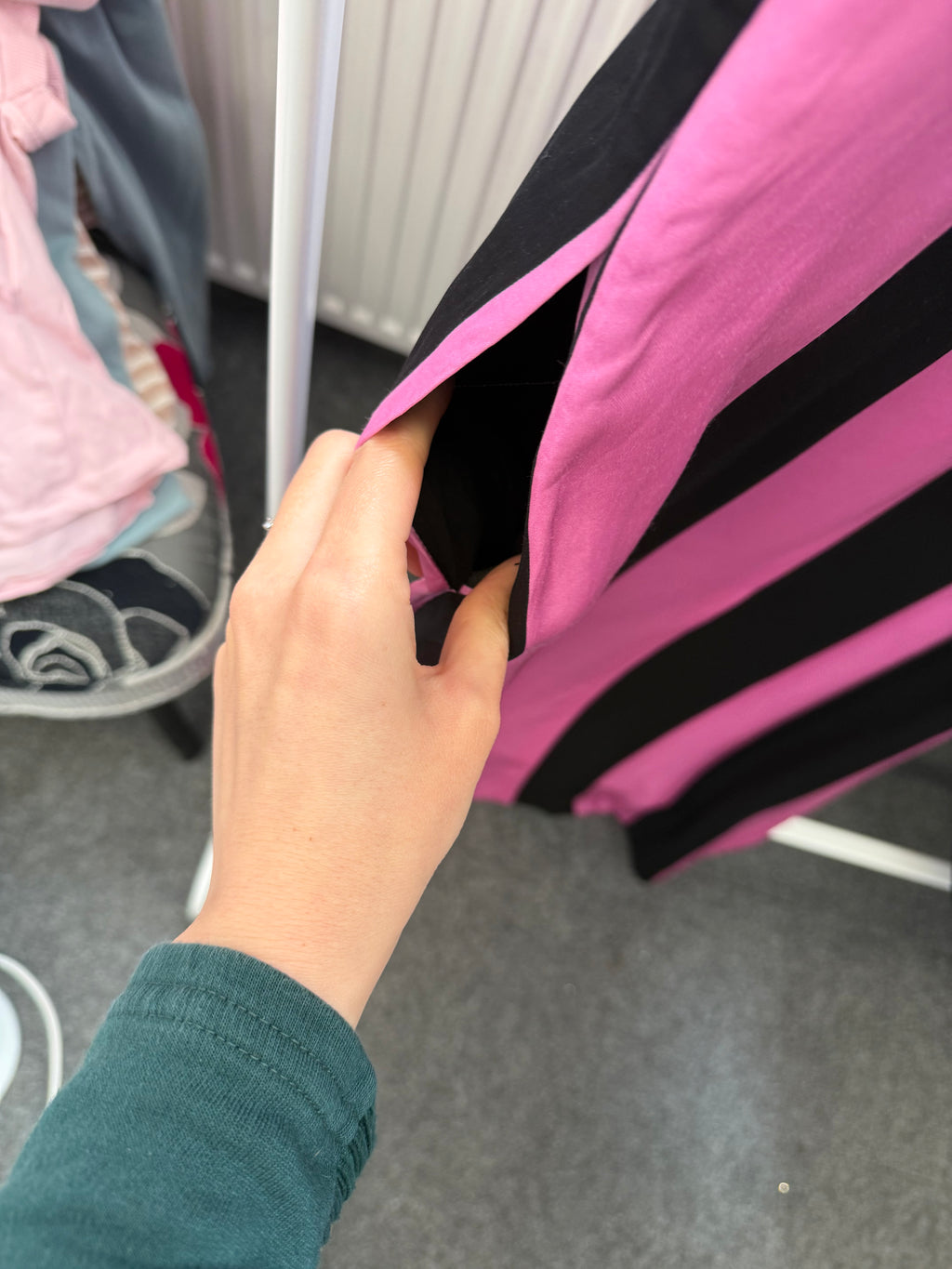 Christopher John Roger’s pink and black stripe midi dress with pockets