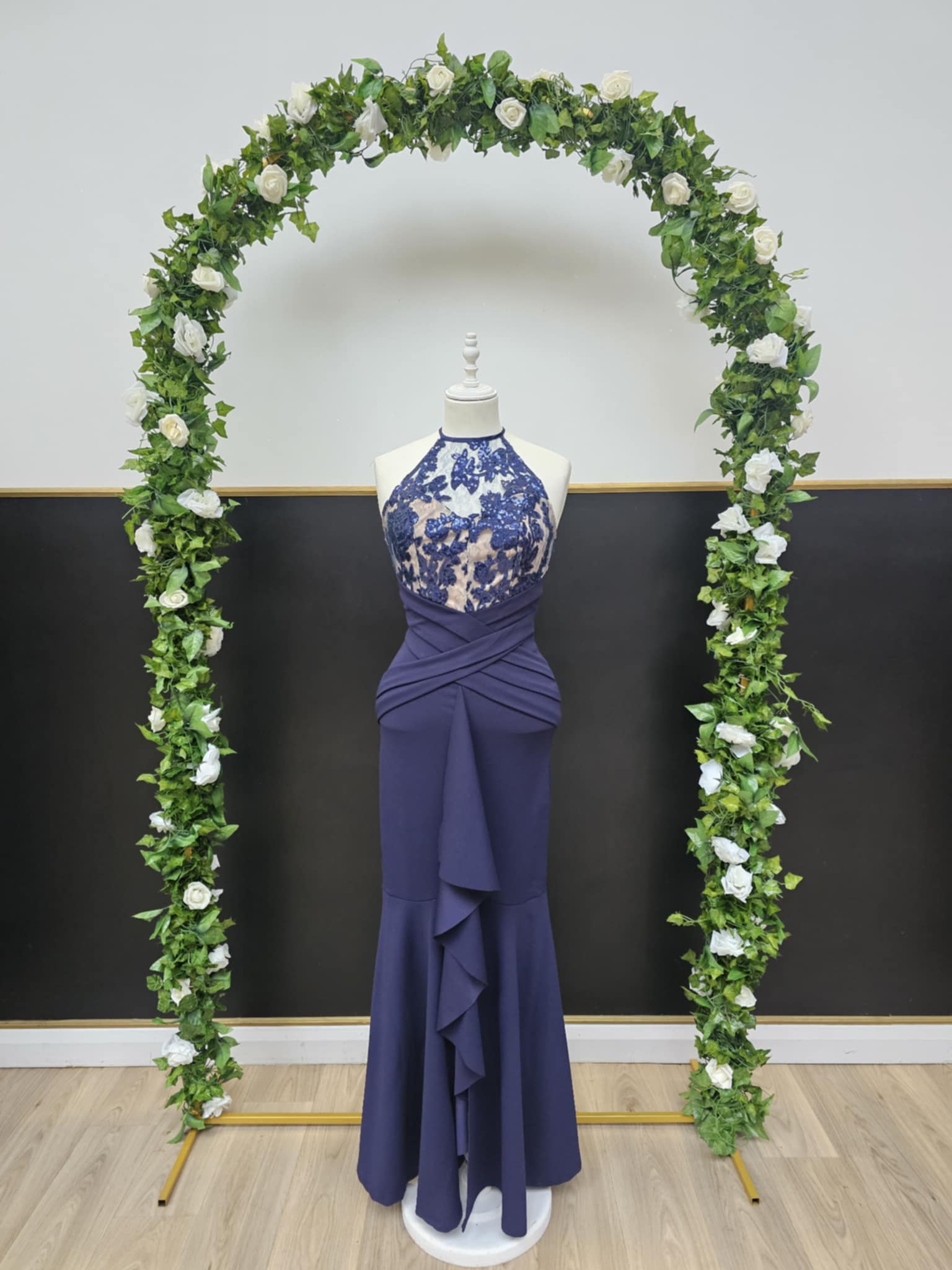 Halter neck navy frill detail dress