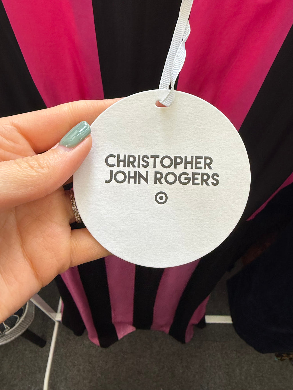Christopher John Roger’s pink and black stripe midi dress with pockets