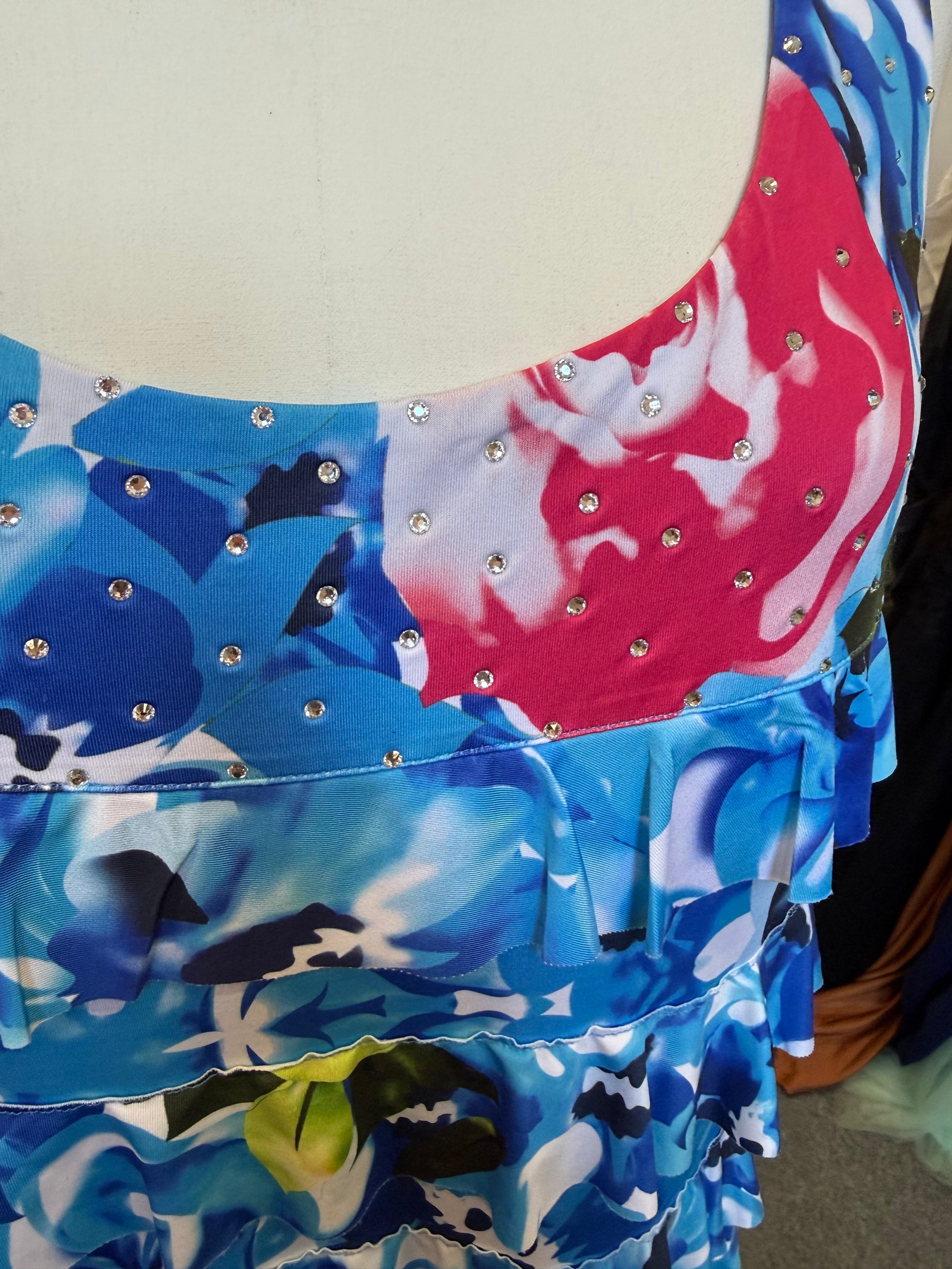 Al Paradise blue floral diamanté tier sleeveless dress