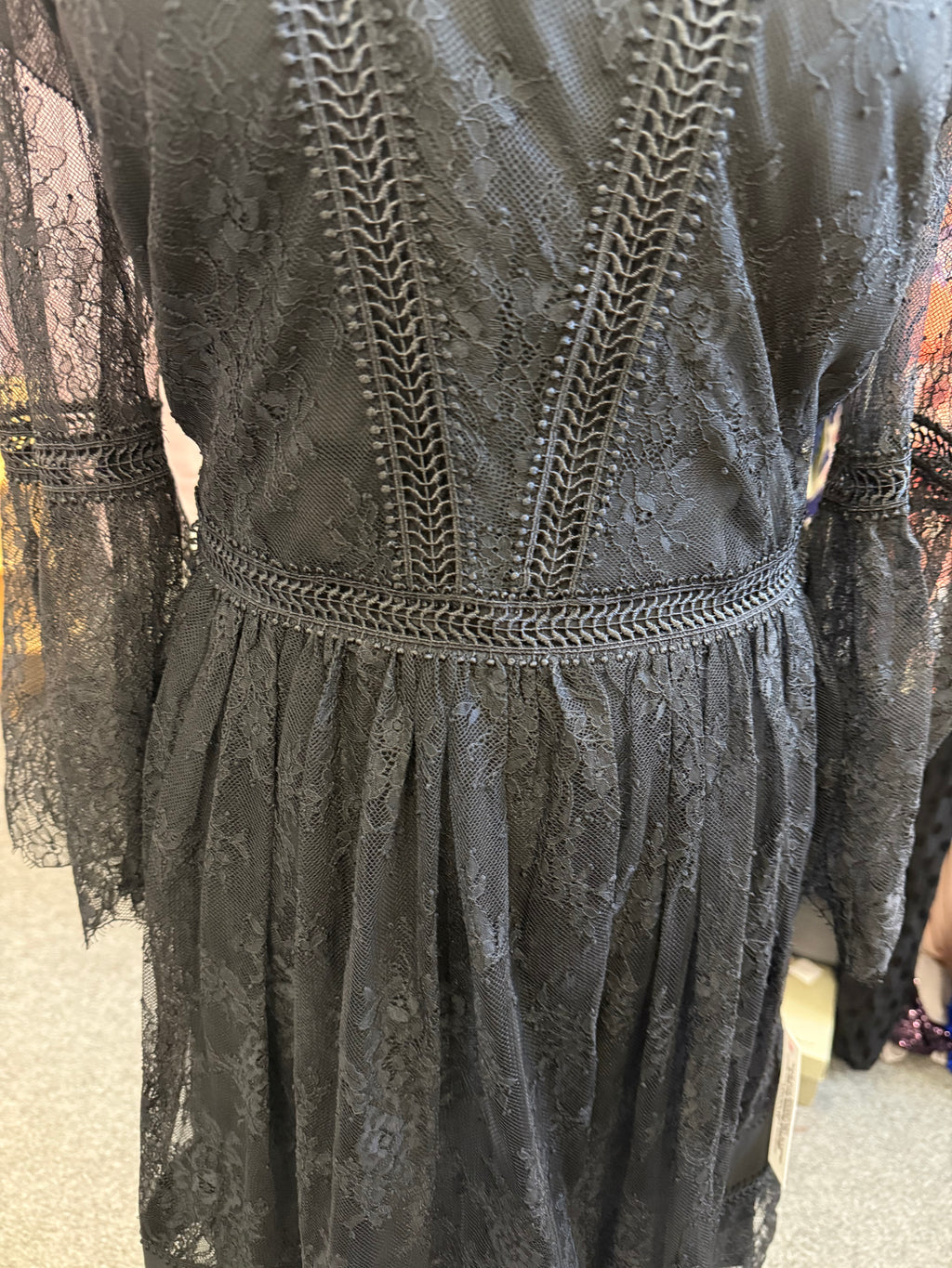 Monsoon black lace tiered long sleeve dress