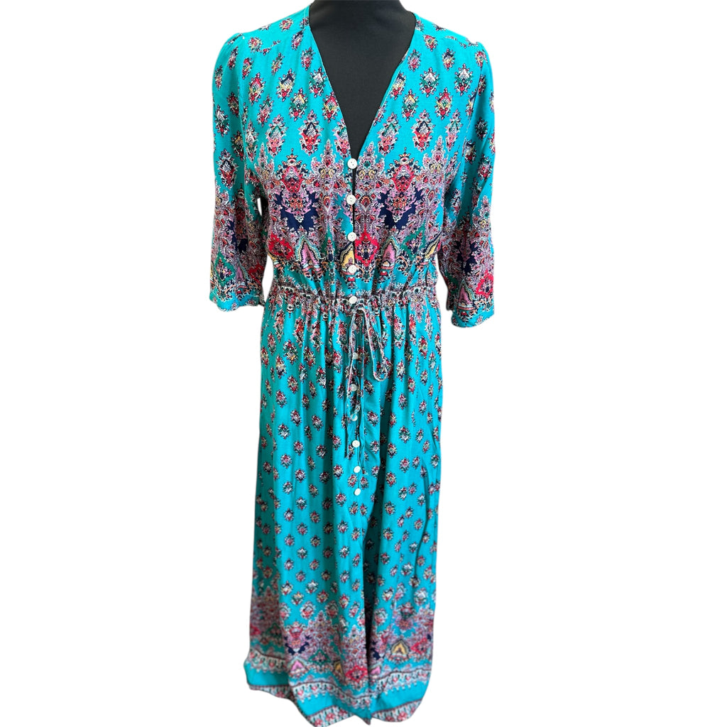 Teal paisley print button maxi dress