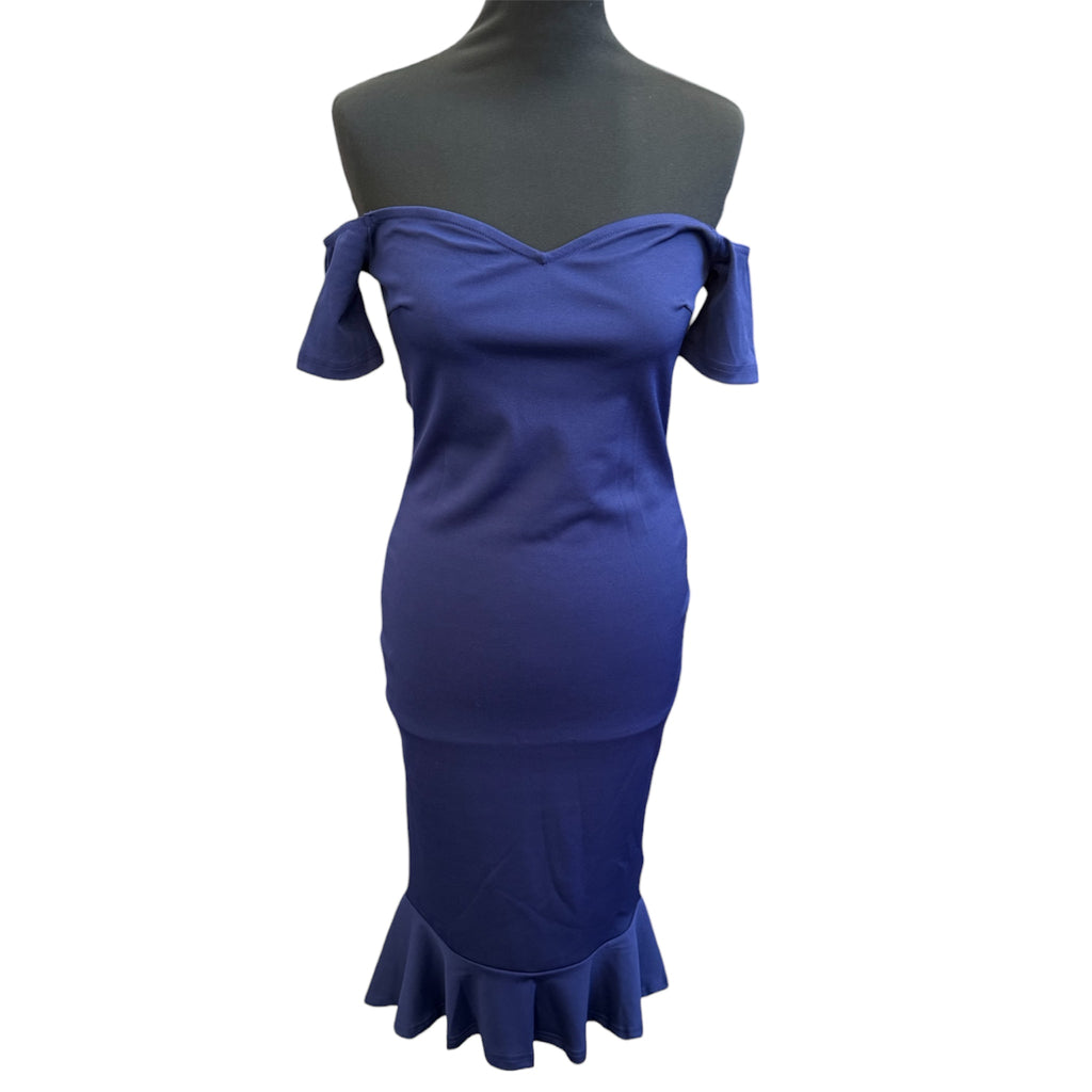 Navy off the shoulder frill bottom midi dress