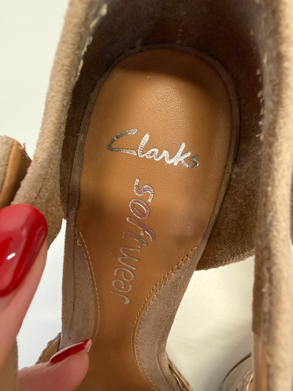 Clark’s taupe peep toe t-bar heels