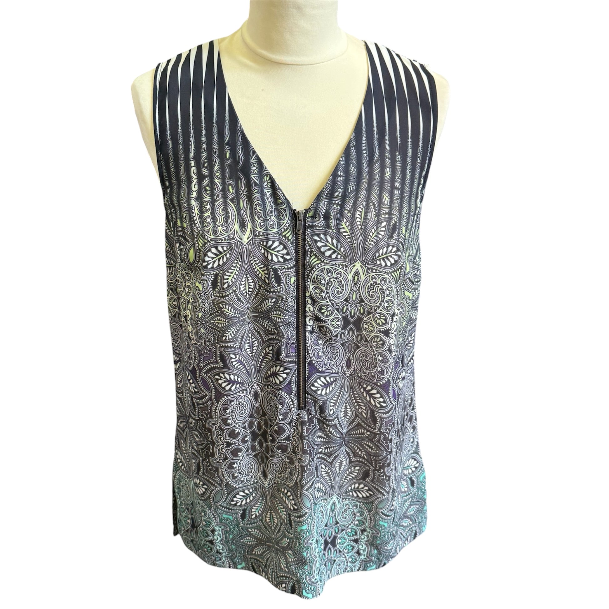 Warehouse print sleeveless zip blouse