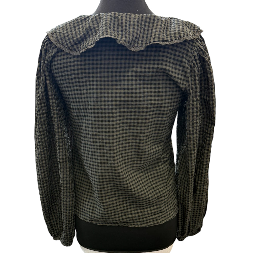 George embroidered collar detail gingham long sleeve blouse
