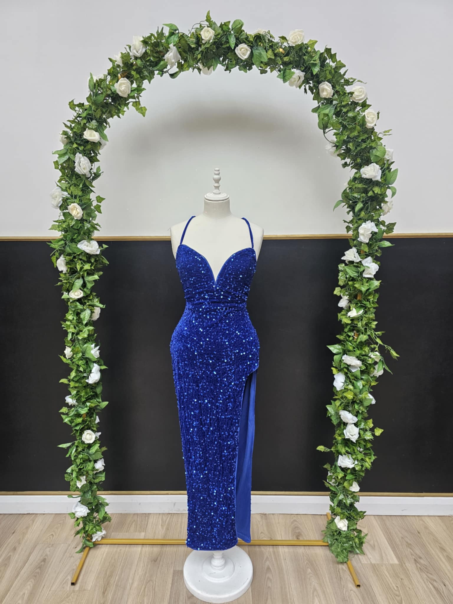 Blue sequin cross back dress