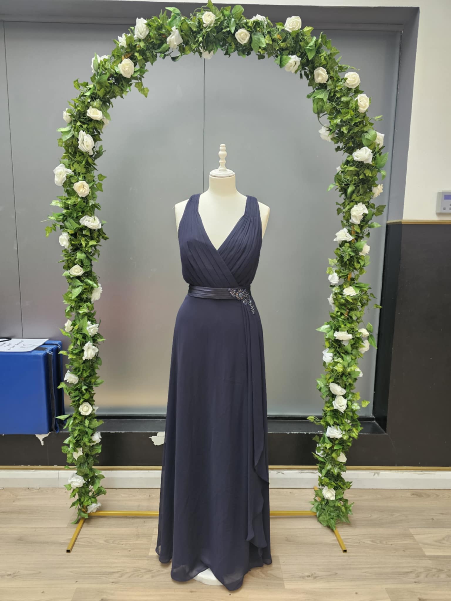 Navy belt detail full length dress