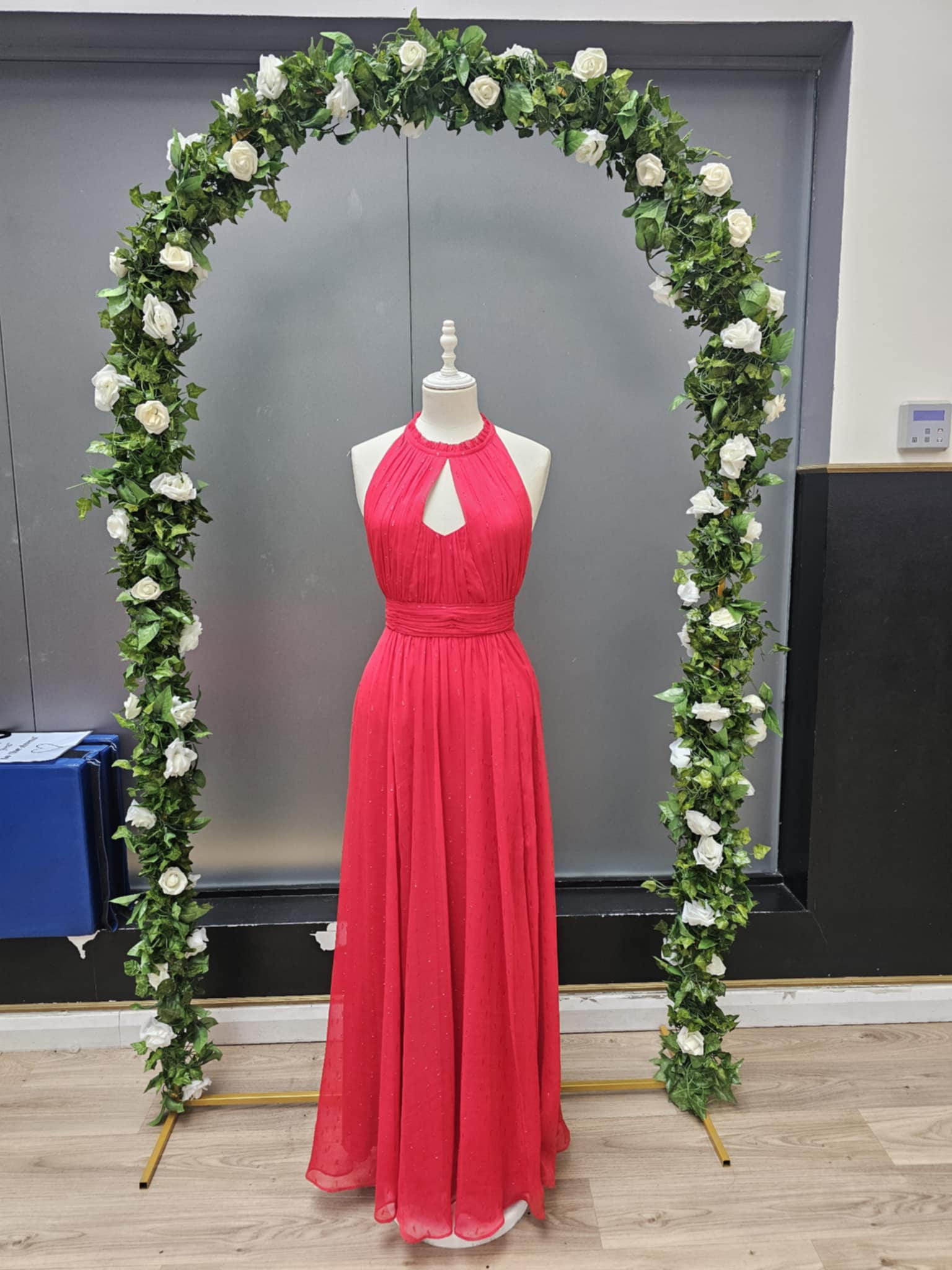 Red halter neck full length dress