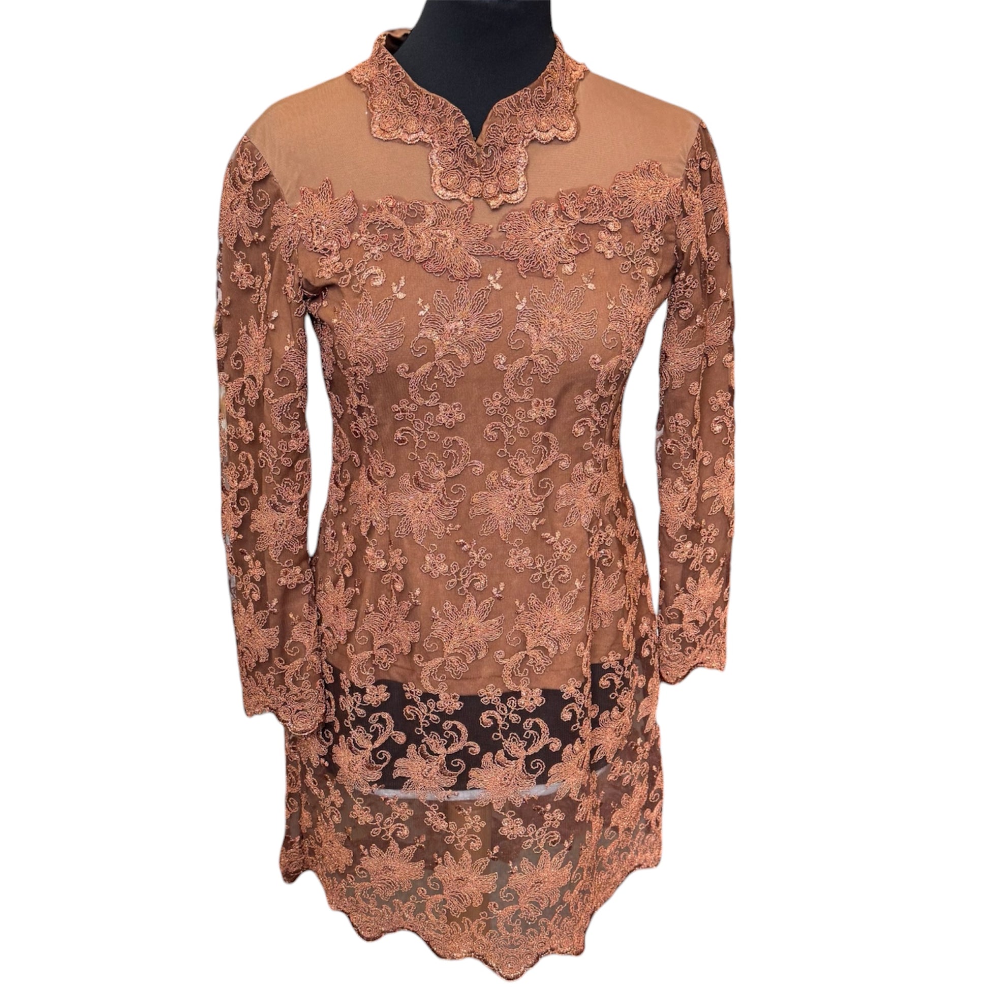 Bronze long sleeve button back embroidered long line top