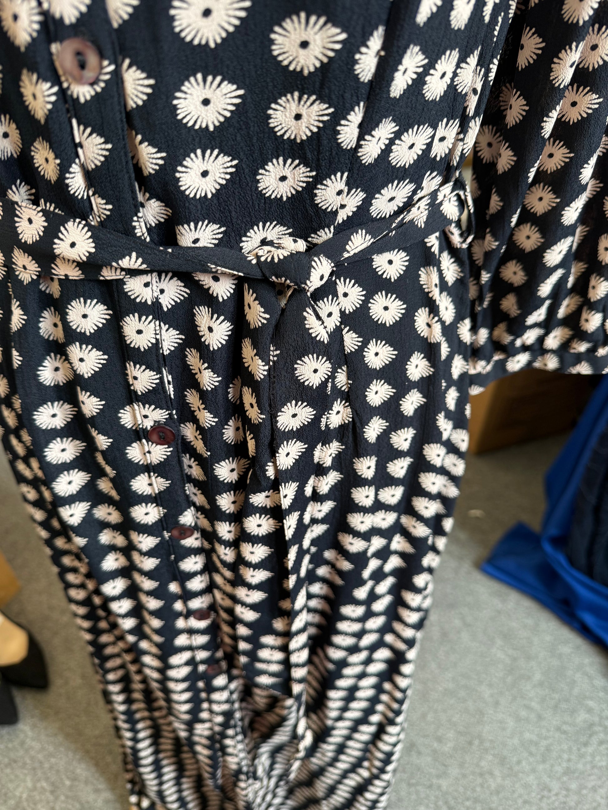 Key 159 abstract floral print buttoned long sleeved belted maxi dress