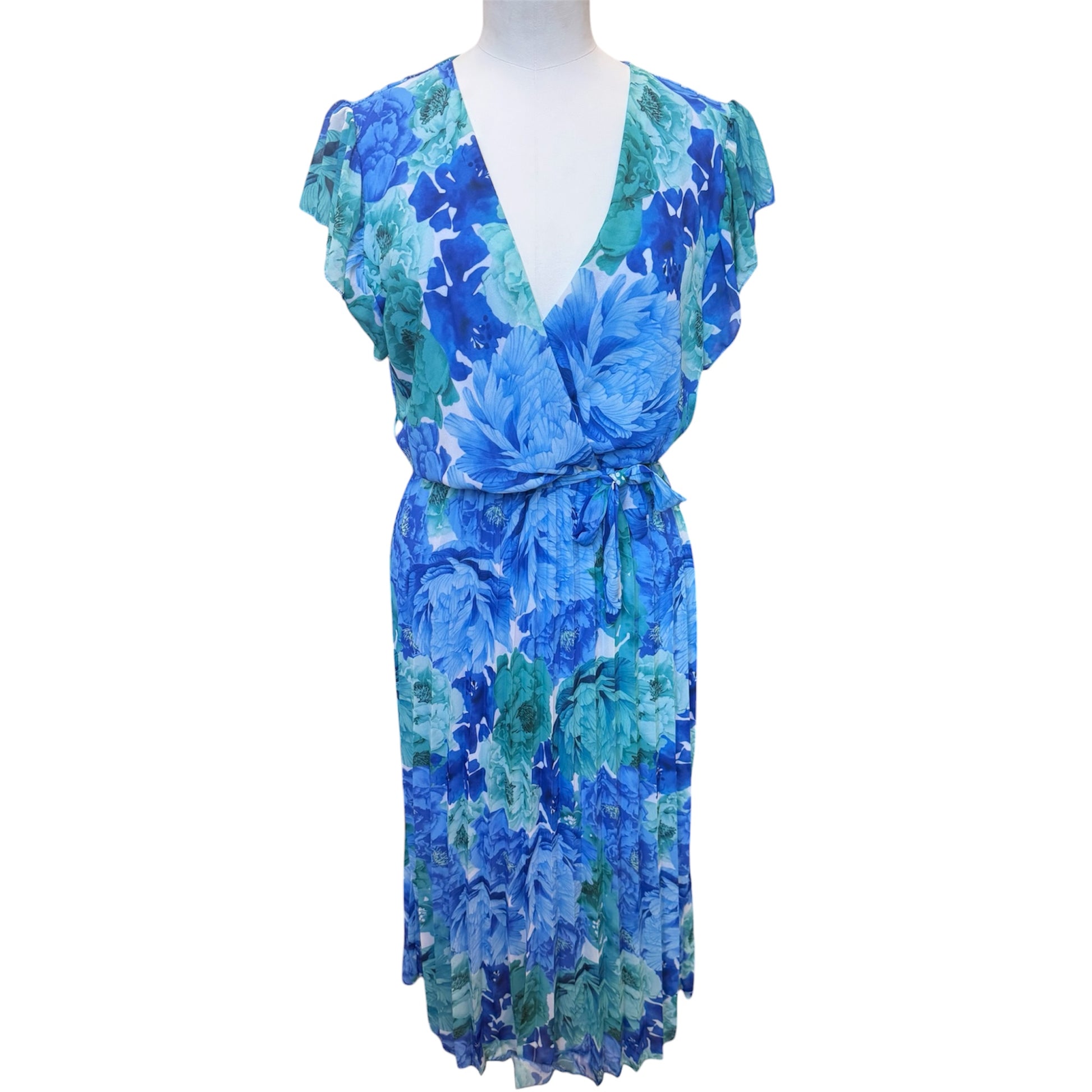 Malaby blue floral pleat bottom belted short sleeve midi dress