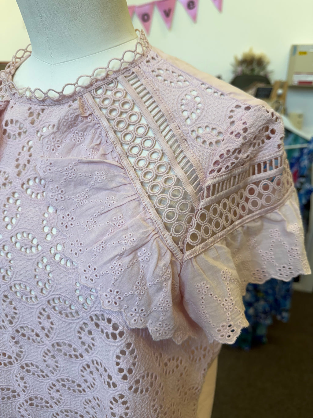 River Island pink broderie anglaise short sleeve top