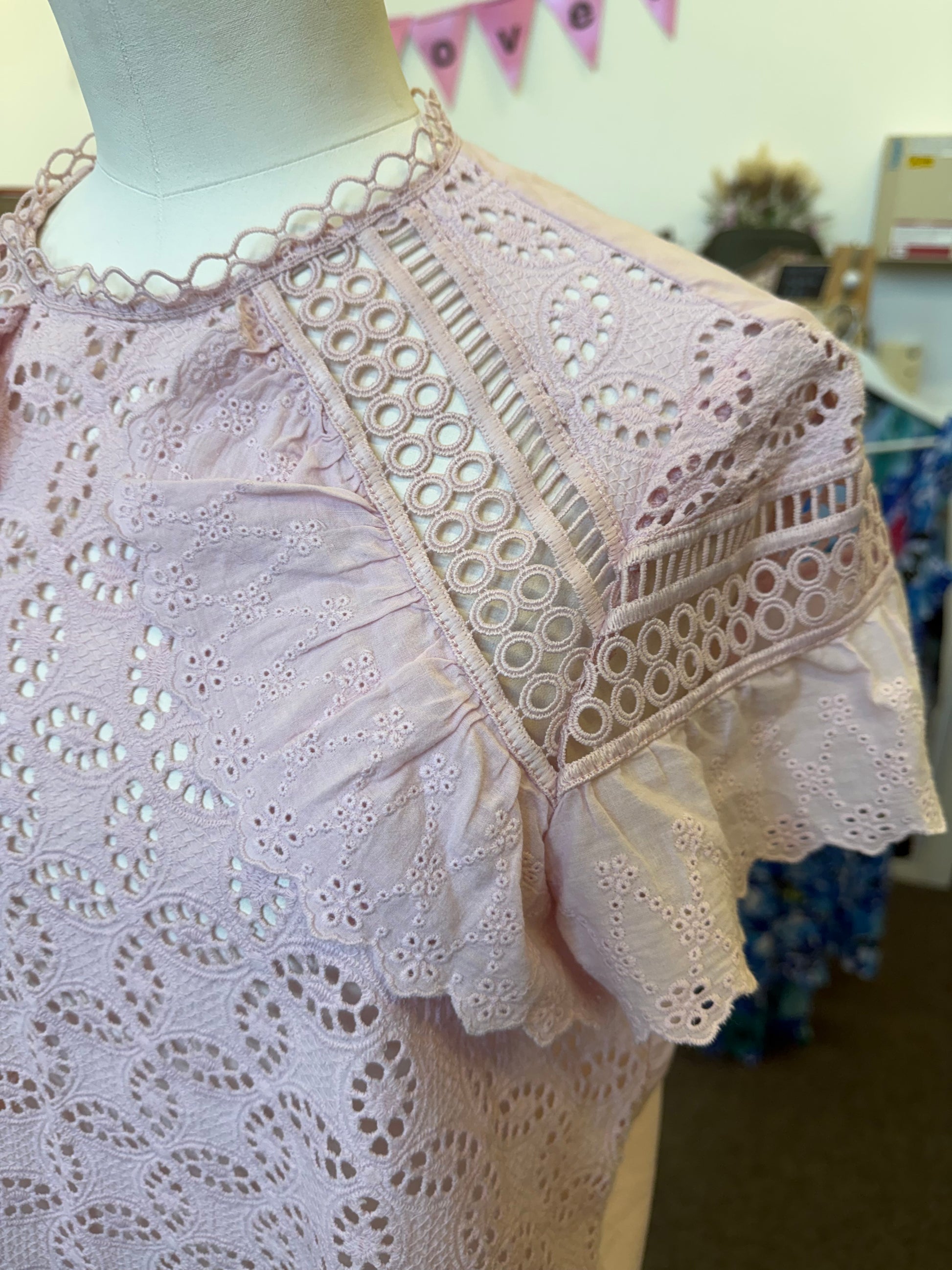 River Island pink broderie anglaise short sleeve top