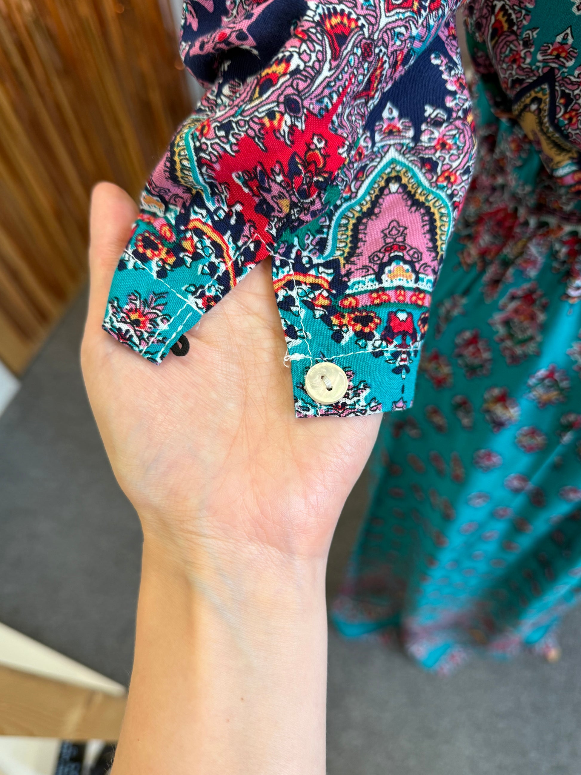 Teal paisley print button maxi dress