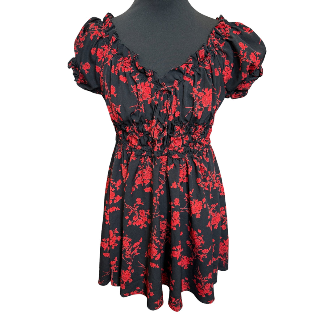 Black and red floral mini dress