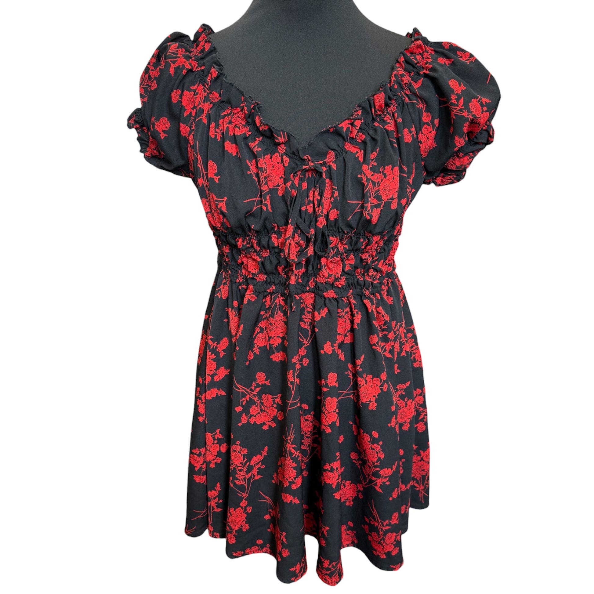 Black and red floral mini dress