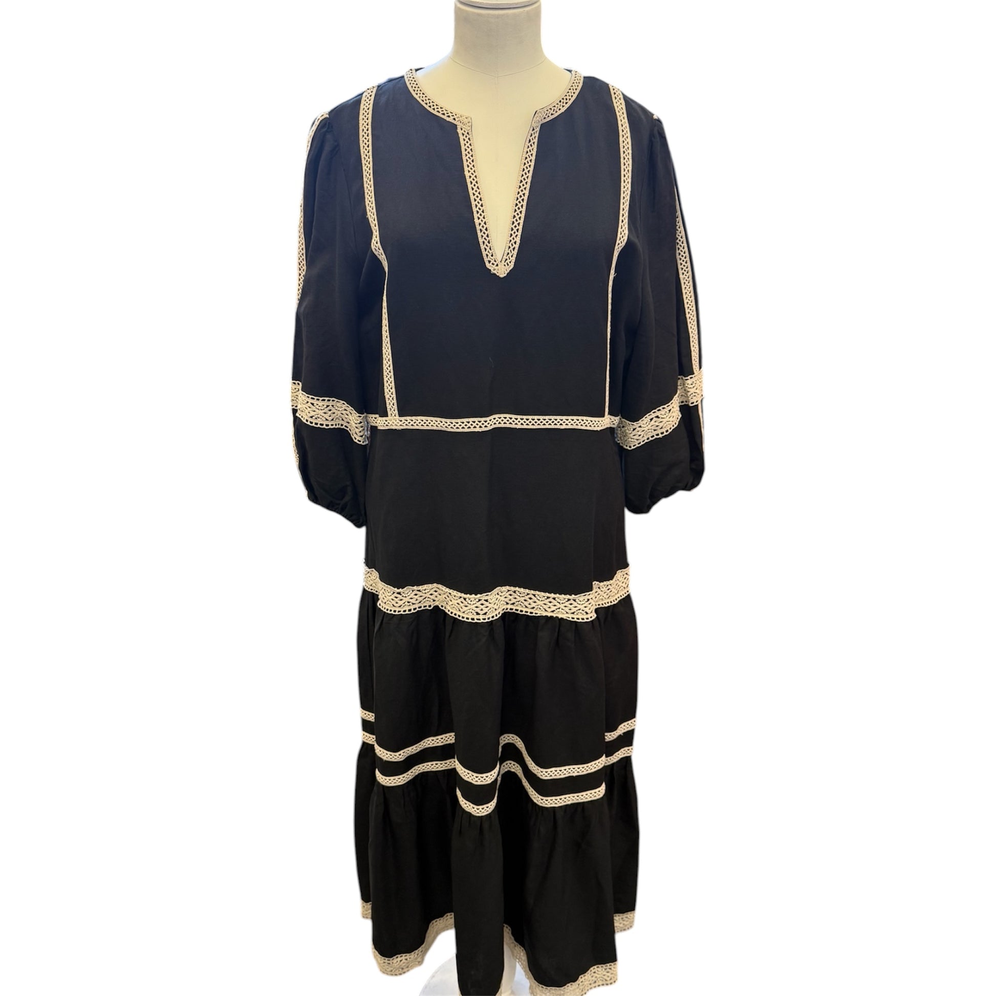 Pure Collection linen blend black and cream long sleeved maxi dress