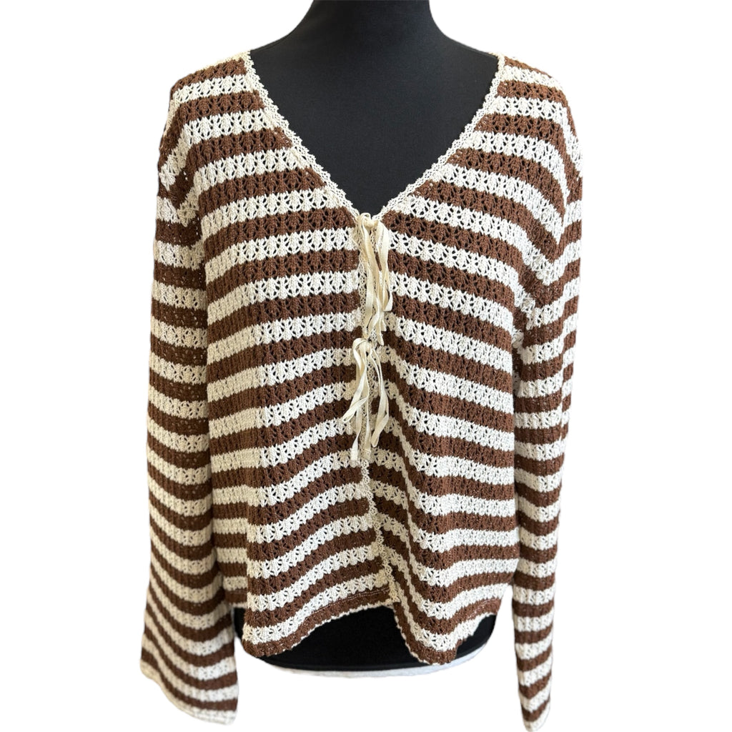 Crochet stripe tie cardigan