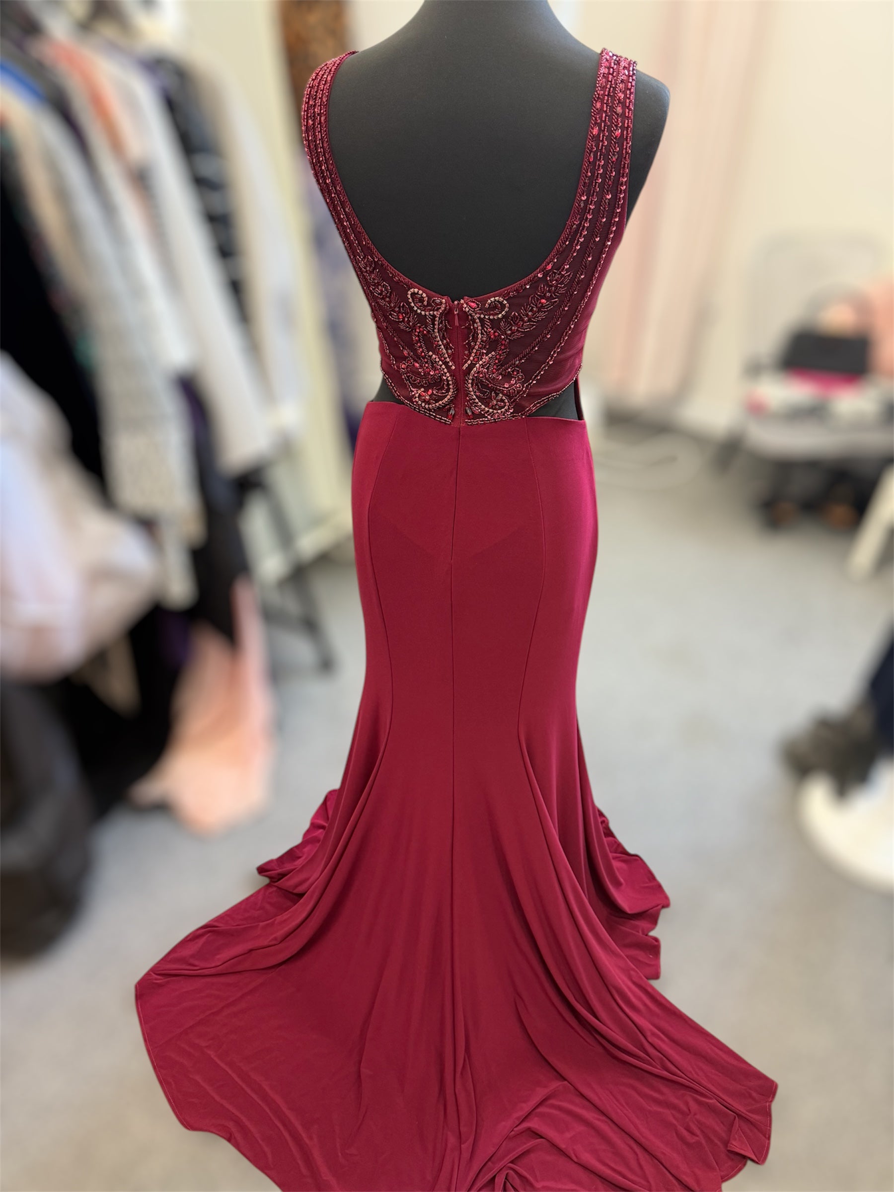 Burgundy low back sequin embellished dress - Size 8/10