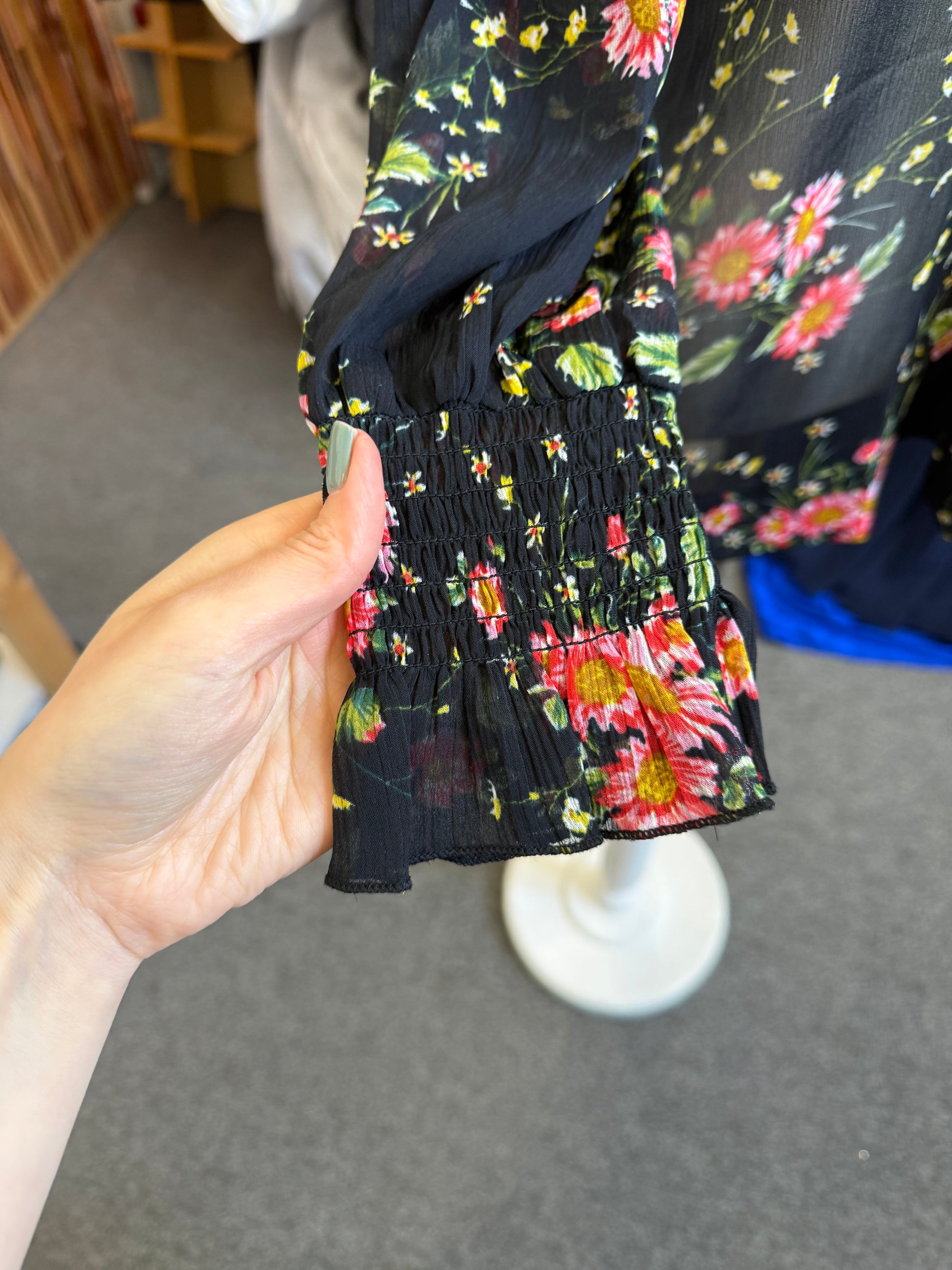 Friends Like These sheer floral high neck tie blouse