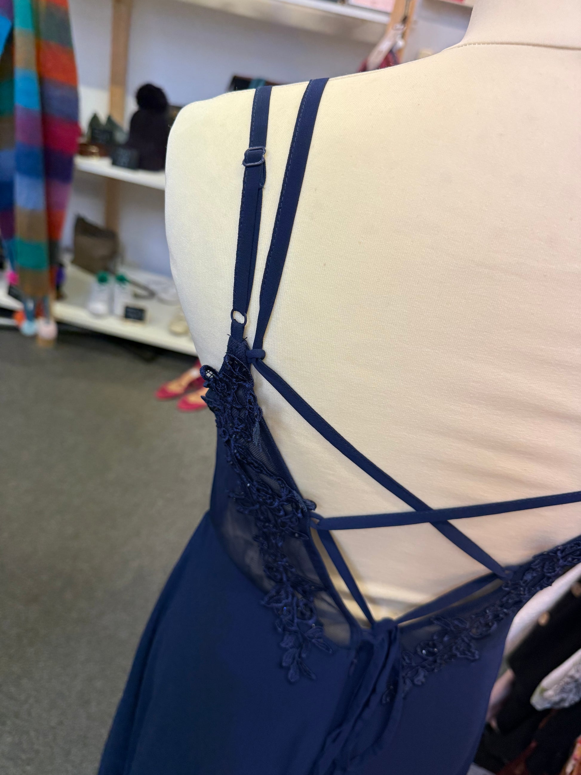 Navy strappy back detail occasion dress