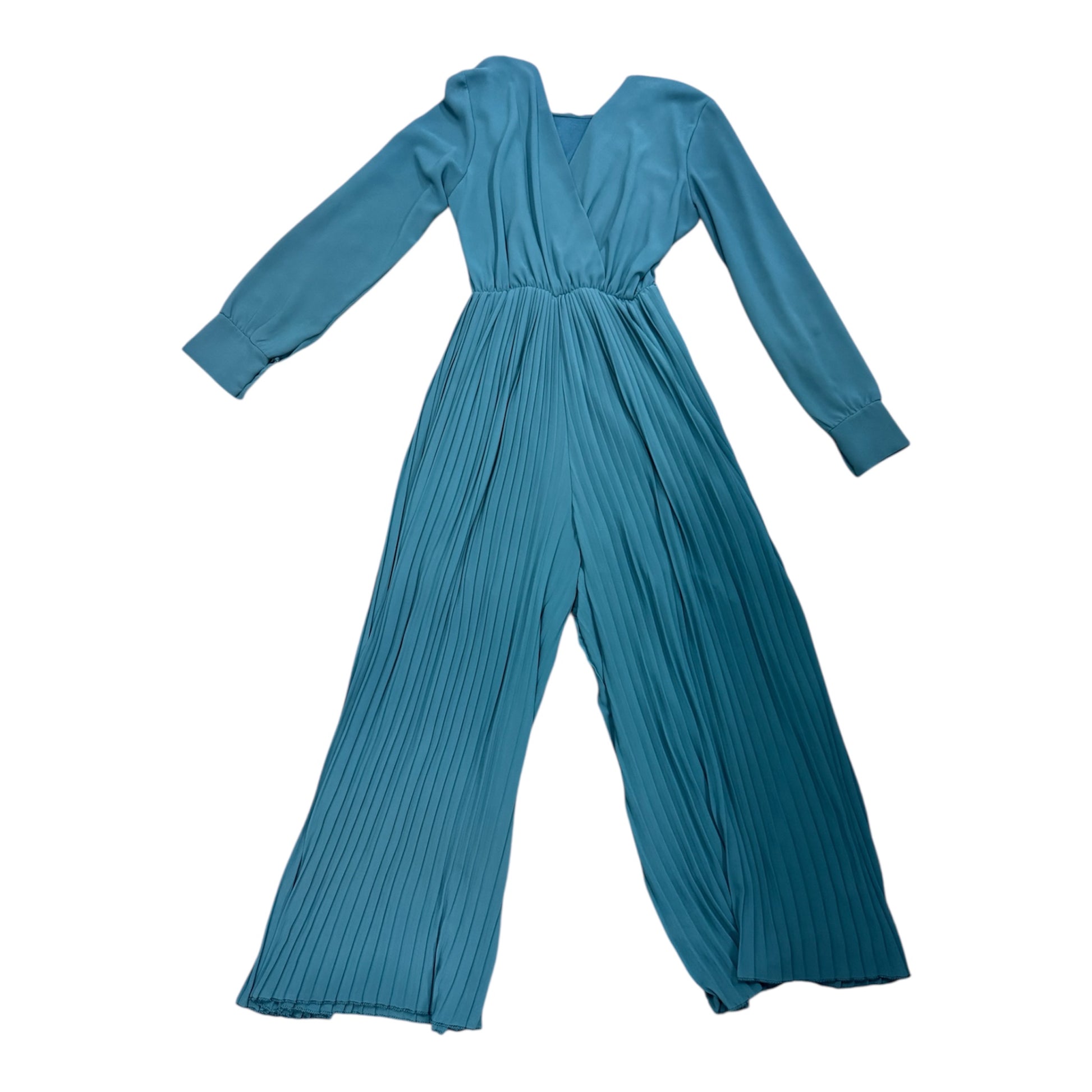 Teal wide leg pleat long sleeved reversible jumpsuit
