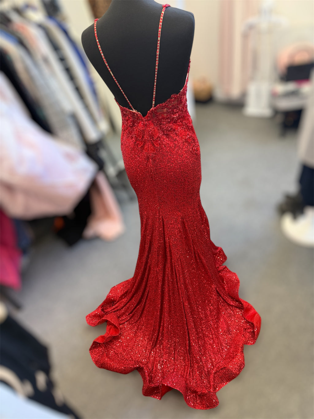 Red sequin low back sequin dress