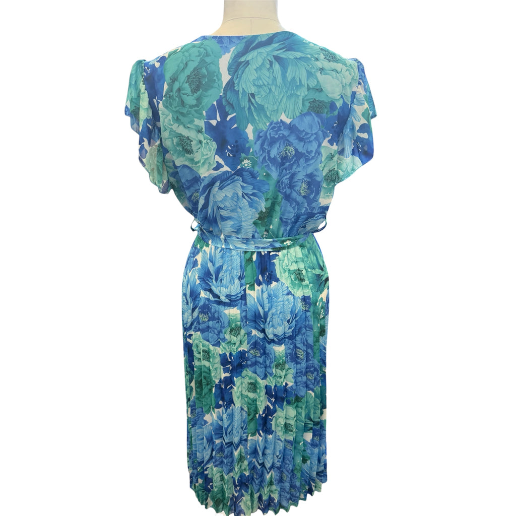 Malaby blue floral pleat bottom belted short sleeve midi dress