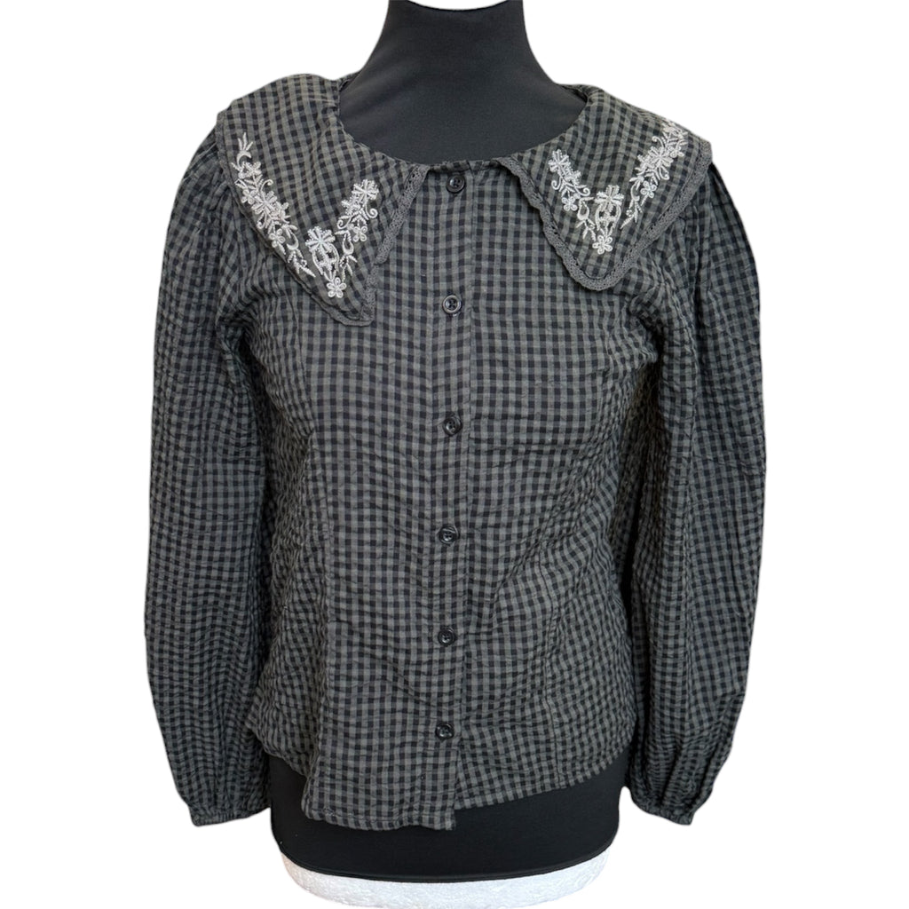 George embroidered collar detail gingham long sleeve blouse