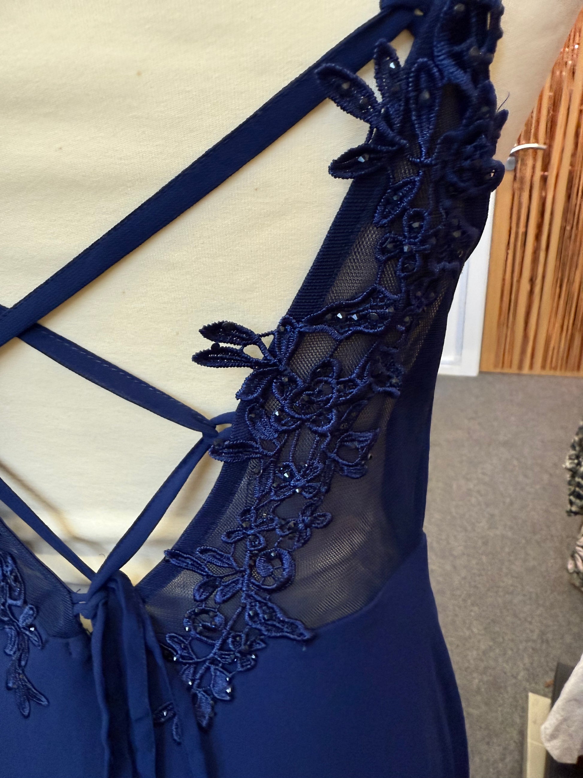 Navy strappy back detail occasion dress