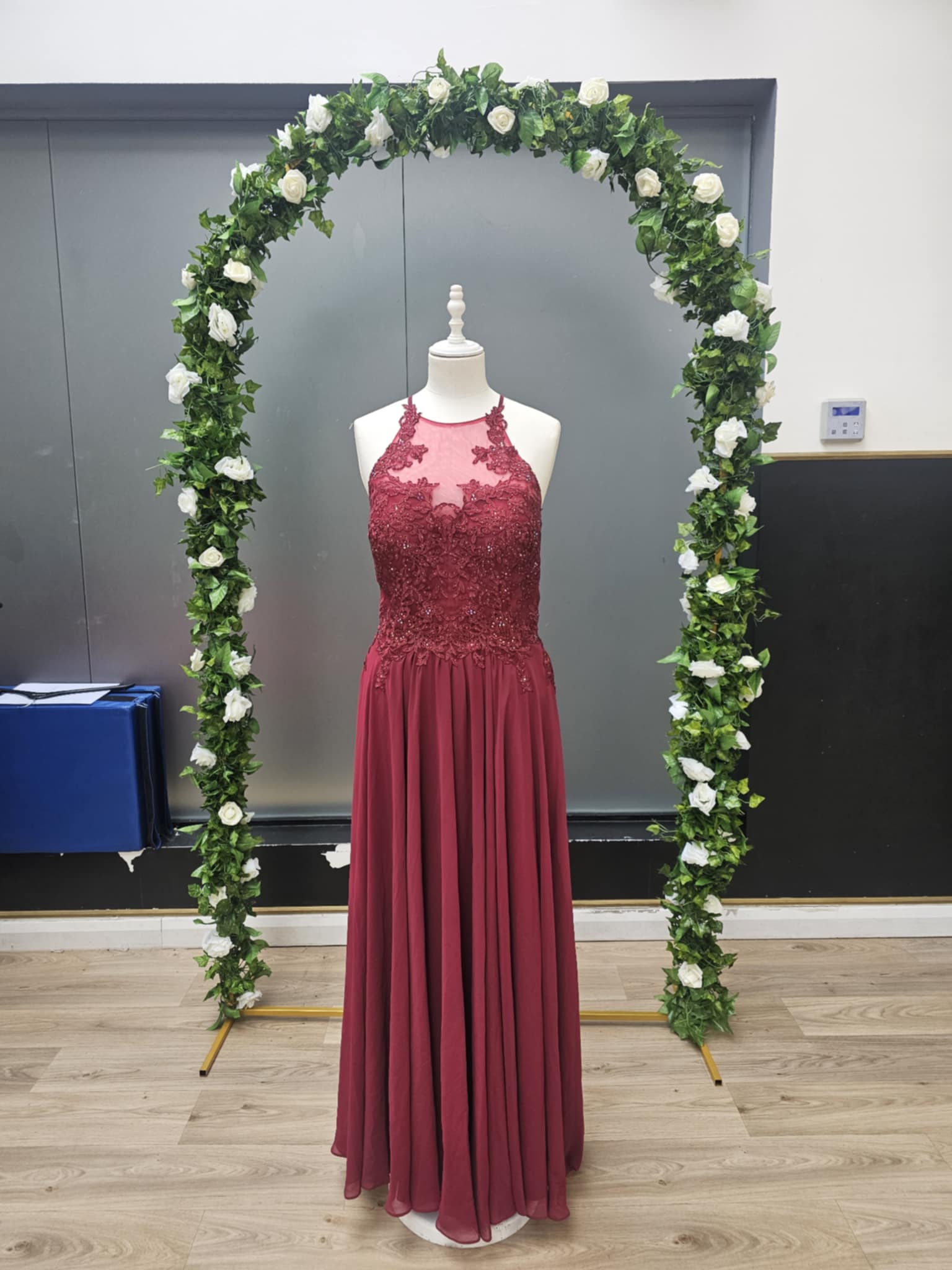 Burgundy halter neck detail top full length dress