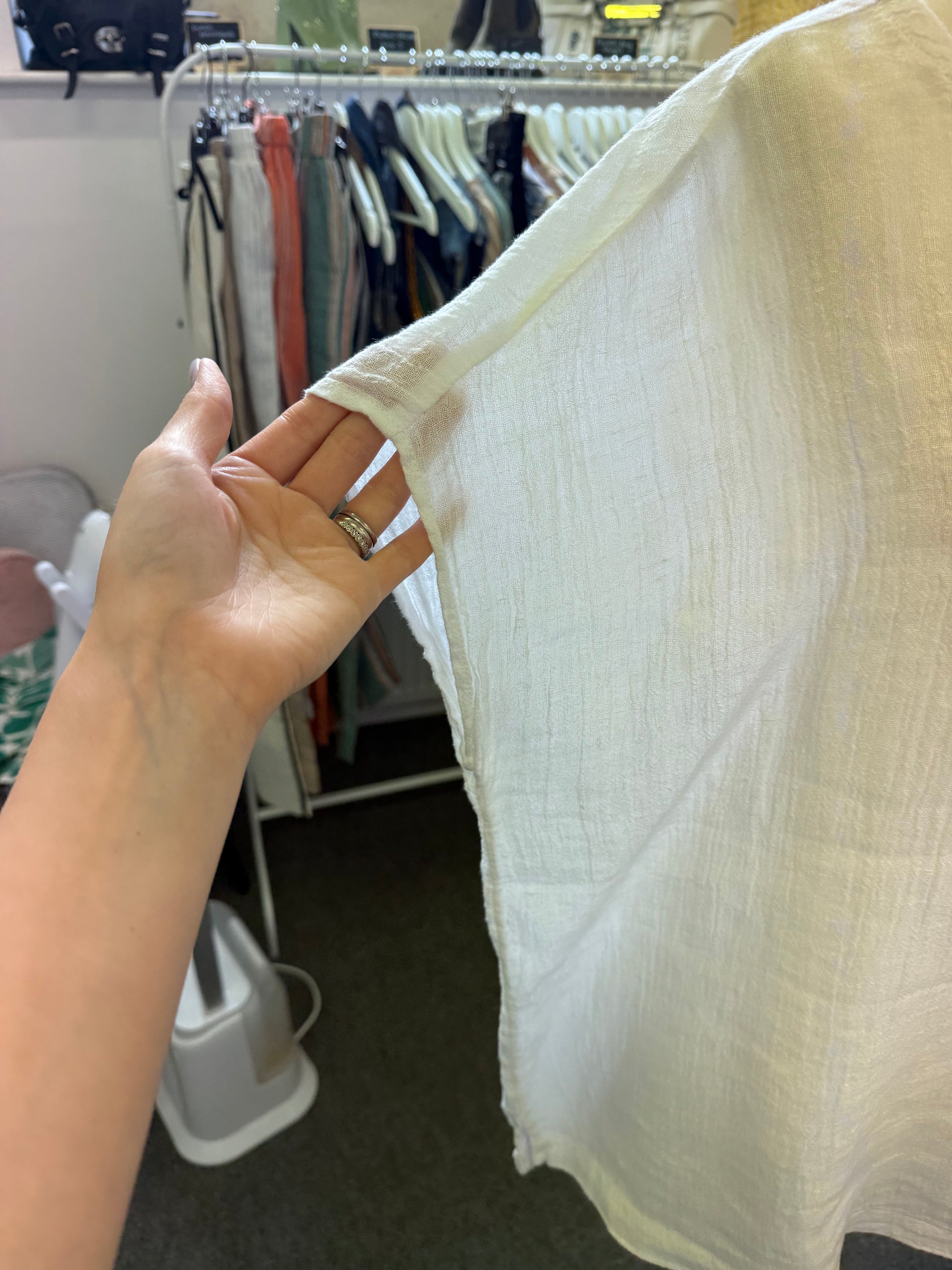 White linen button bag oversize top