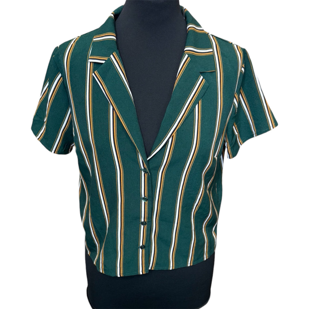Green stripe button blouse