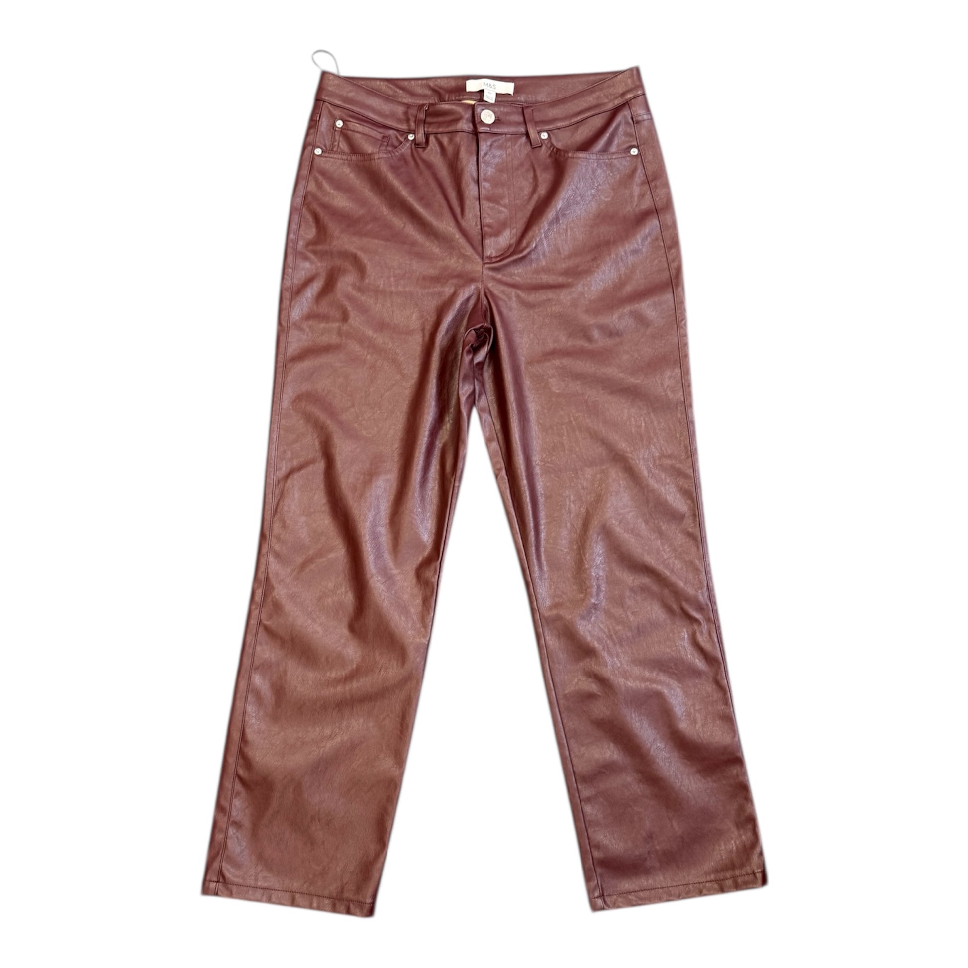 M&S burgundy straight faux leather trousers