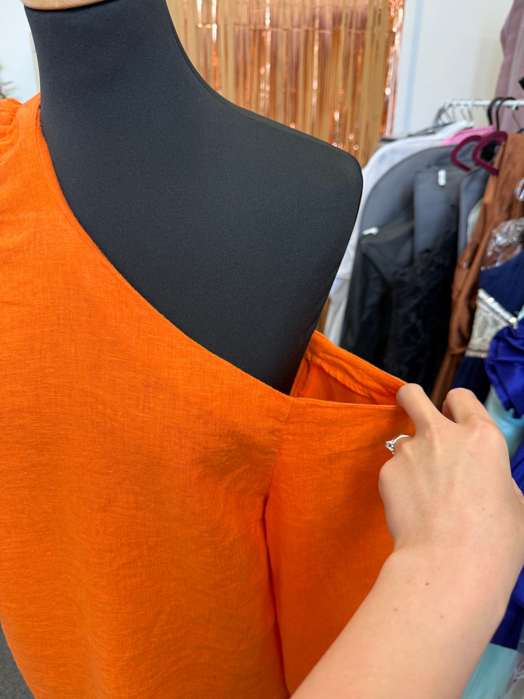 Very orange cold shoulder linen style top
