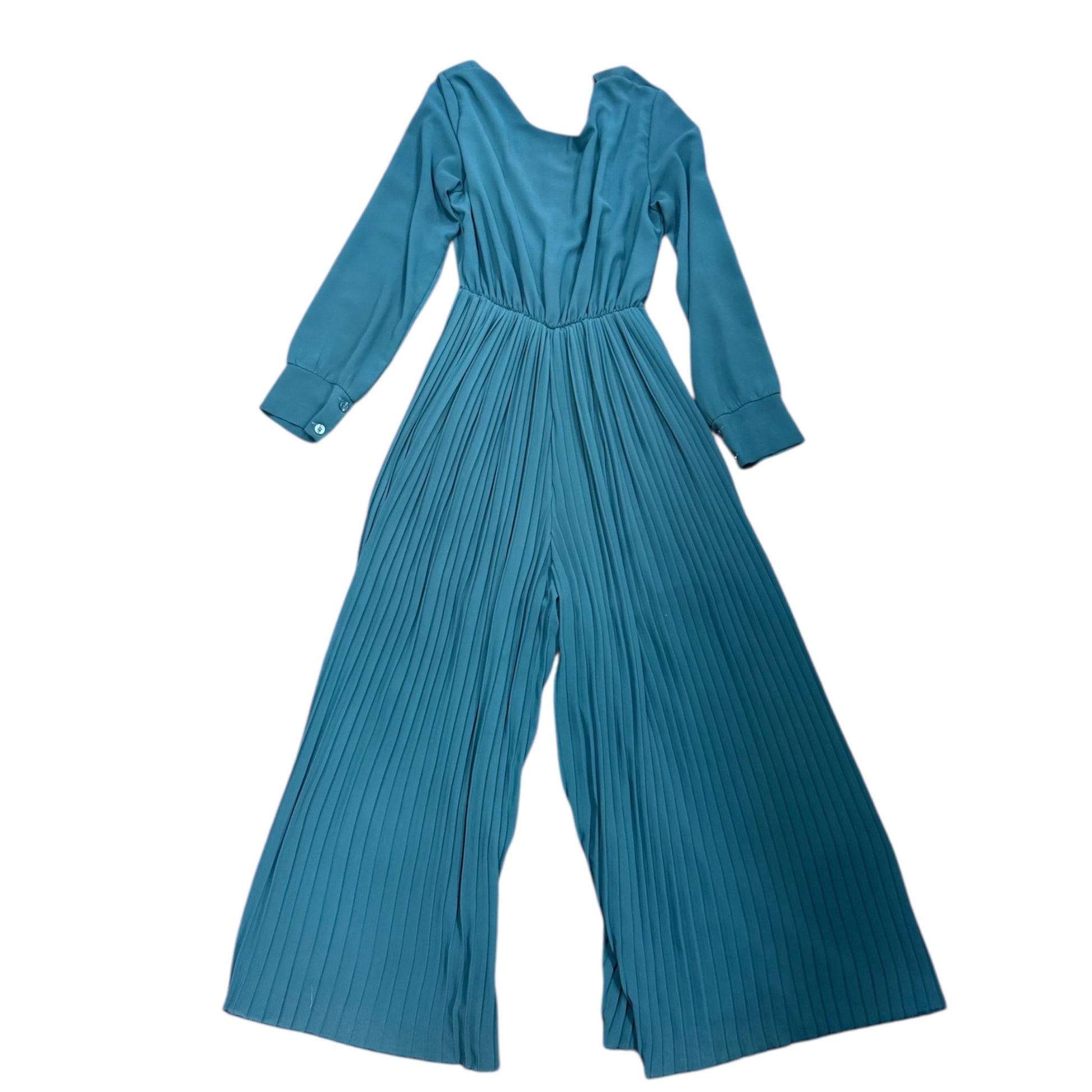 Teal wide leg pleat long sleeved reversible jumpsuit