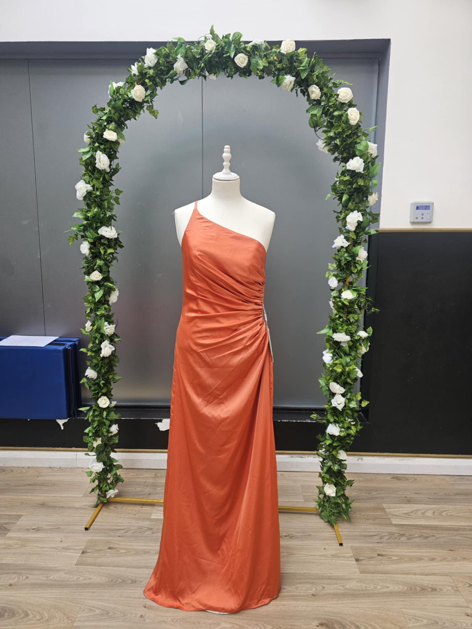 Orange one shoulder full length dress