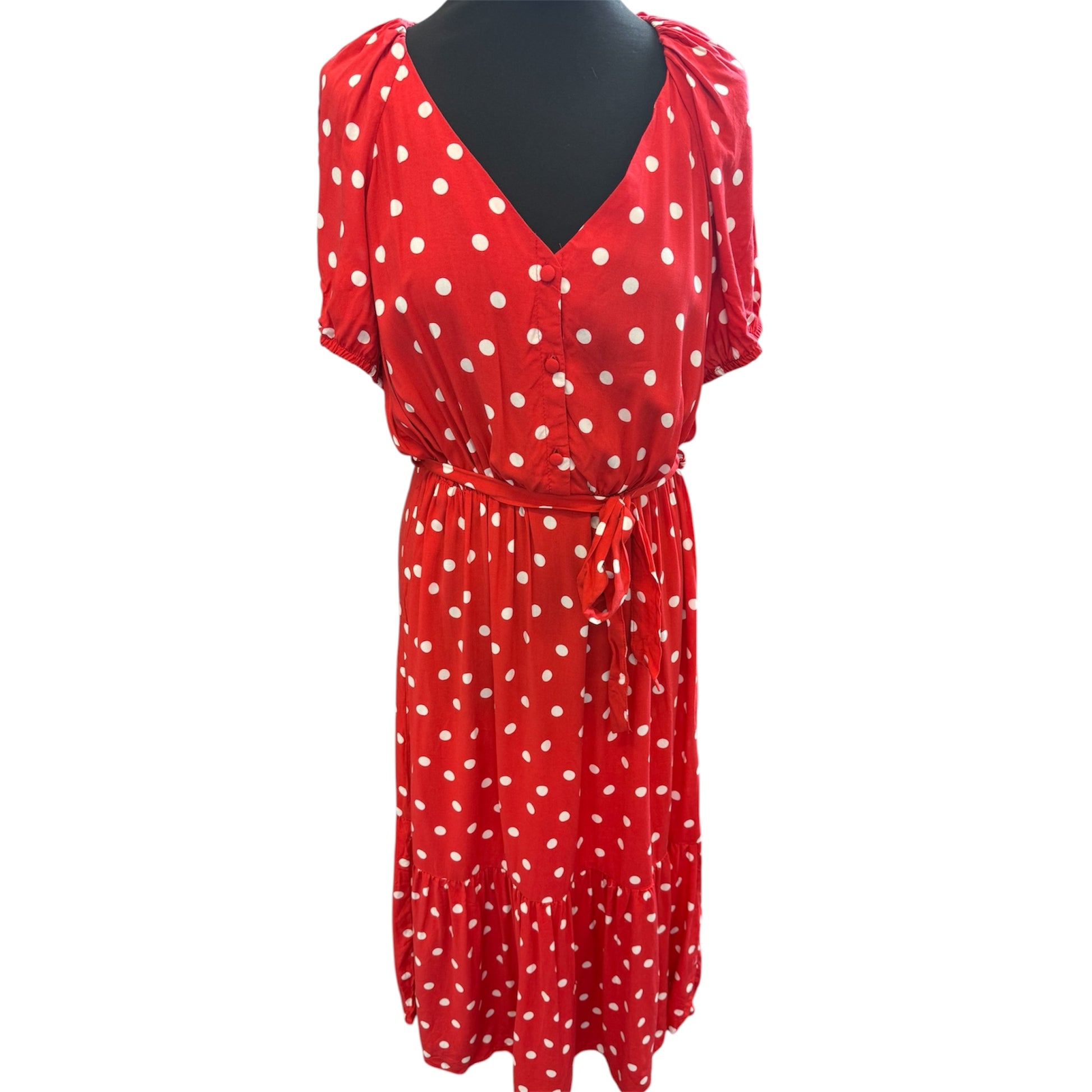 Nutmeg red and white polka dot belted midi dress