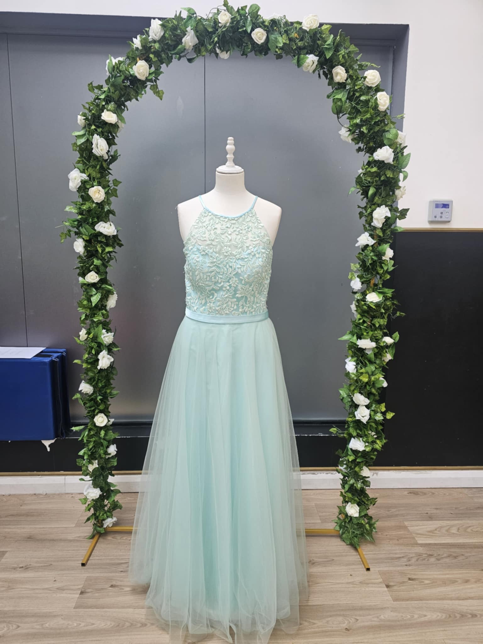 Pale green lace top halter neck dress