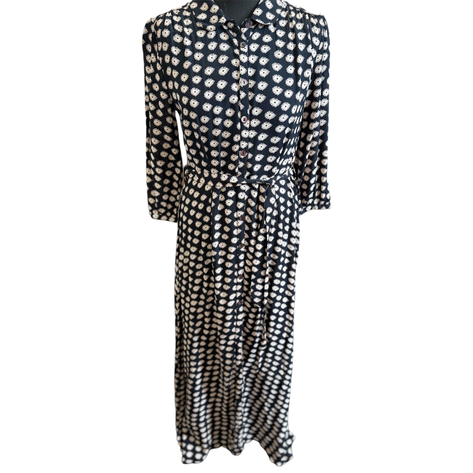 Key 159 abstract floral print buttoned long sleeved belted maxi dress