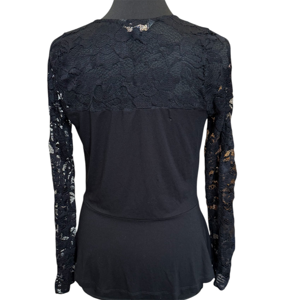 Lipsy black long lace sleeve peplum style wrap top