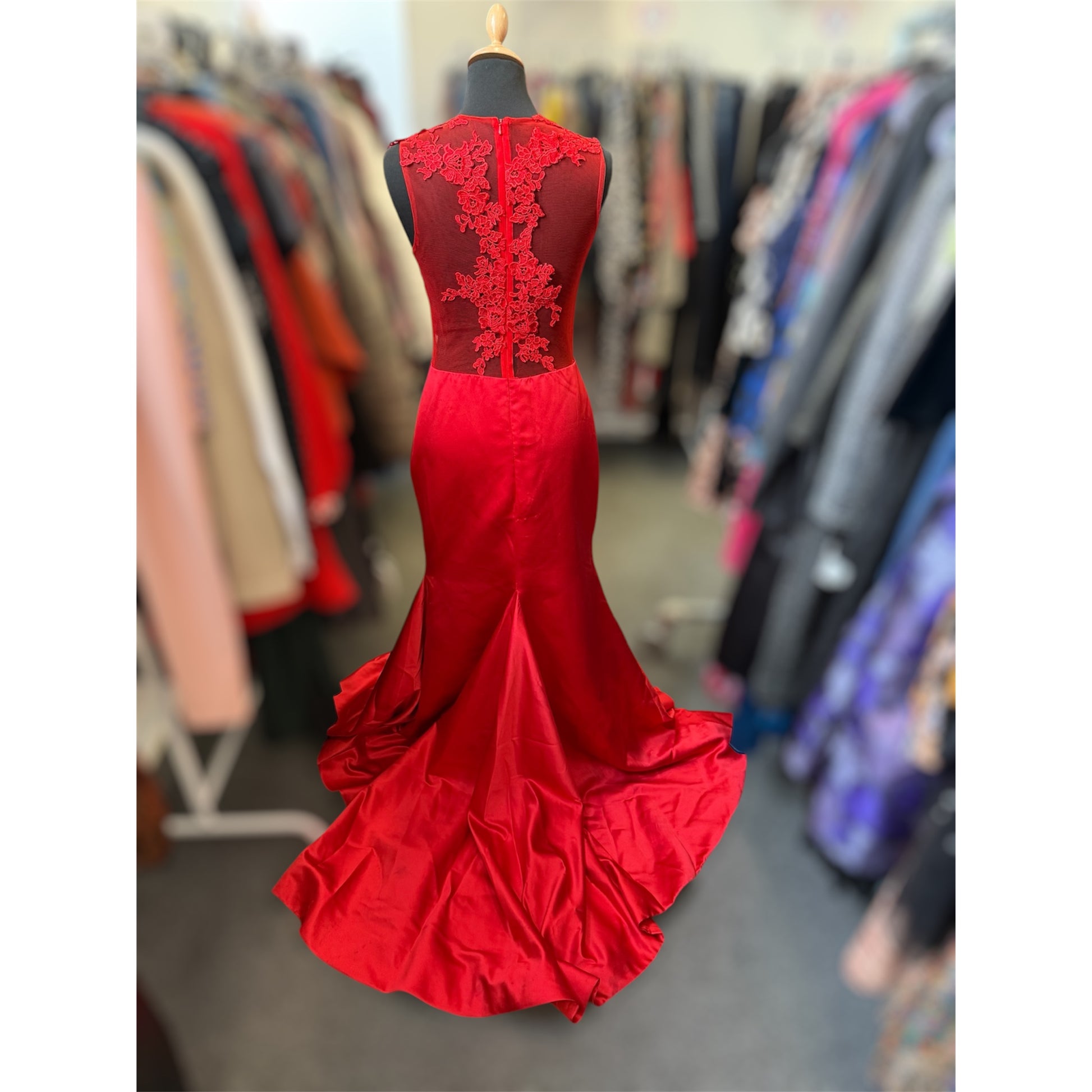 Red lace bodice fish tail dress -Size 10