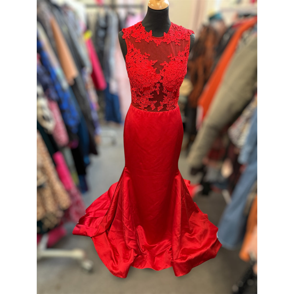 Red lace bodice fish tail dress -Size 10